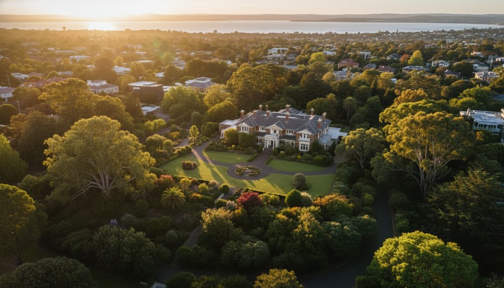 An awe-inspiring aerial photograph captured at golden hour, showcasing a grand, historic home in leafy Drumcondra, Victoria, with its meticulously landscaped gardens and the serene Corio Bay faintly visible in the distance. This professional Drumcondra Victoria drone photography for elevated property views highlights the property's unique charm and expansive surroundings under a dramatic sunset sky.