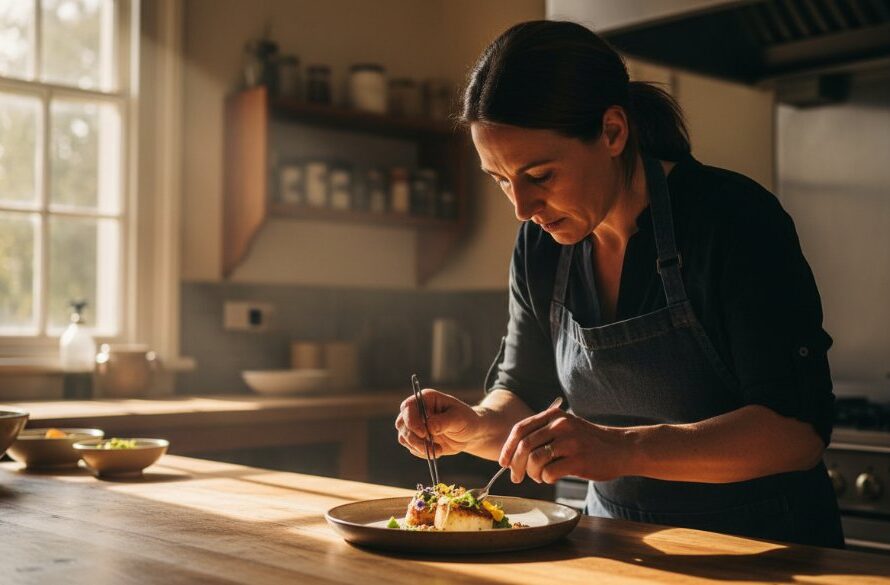 Dynamic editorial photograph capturing Drumcondra Victoria editorial photography capturing local stories, showing a local artisan intensely focused on their craft in a heritage workshop, dramatic light, authentic moment.