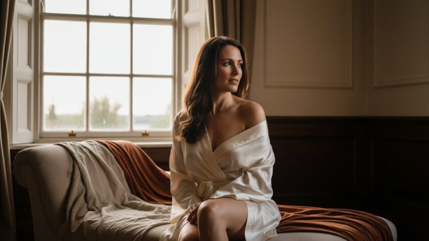 A stunning, soft-focus portrait capturing a woman's confident and serene gaze during her Drumcondra Victoria intimate boudoir photography experience, bathed in warm, ethereal light within a heritage-style room, symbolising self-acceptance.
