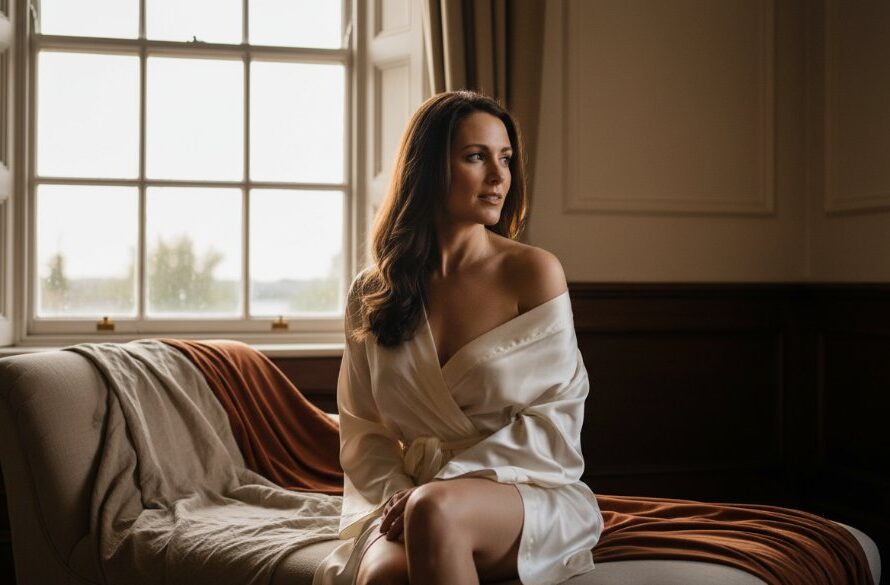 A stunning, soft-focus portrait capturing a woman's confident and serene gaze during her Drumcondra Victoria intimate boudoir photography experience, bathed in warm, ethereal light within a heritage-style room, symbolising self-acceptance.
