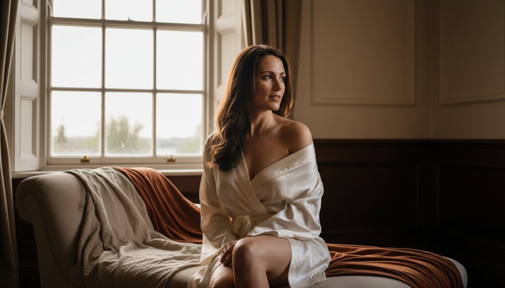A stunning, soft-focus portrait capturing a woman's confident and serene gaze during her Drumcondra Victoria intimate boudoir photography experience, bathed in warm, ethereal light within a heritage-style room, symbolising self-acceptance.