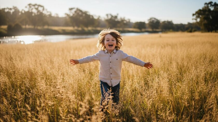 A wide-angle, sun-kissed photograph capturing Drumcondra Victoria kids photography capturing genuine joy, showing a child laughing while running through long grass at dusk near the Barwon River, dynamic and full of life.