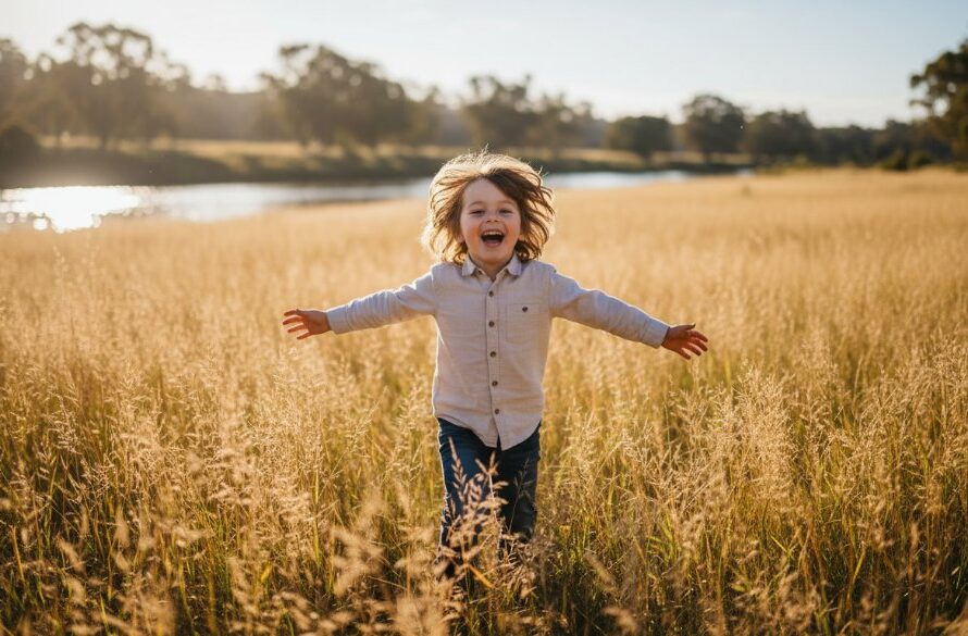 A wide-angle, sun-kissed photograph capturing Drumcondra Victoria kids photography capturing genuine joy, showing a child laughing while running through long grass at dusk near the Barwon River, dynamic and full of life.