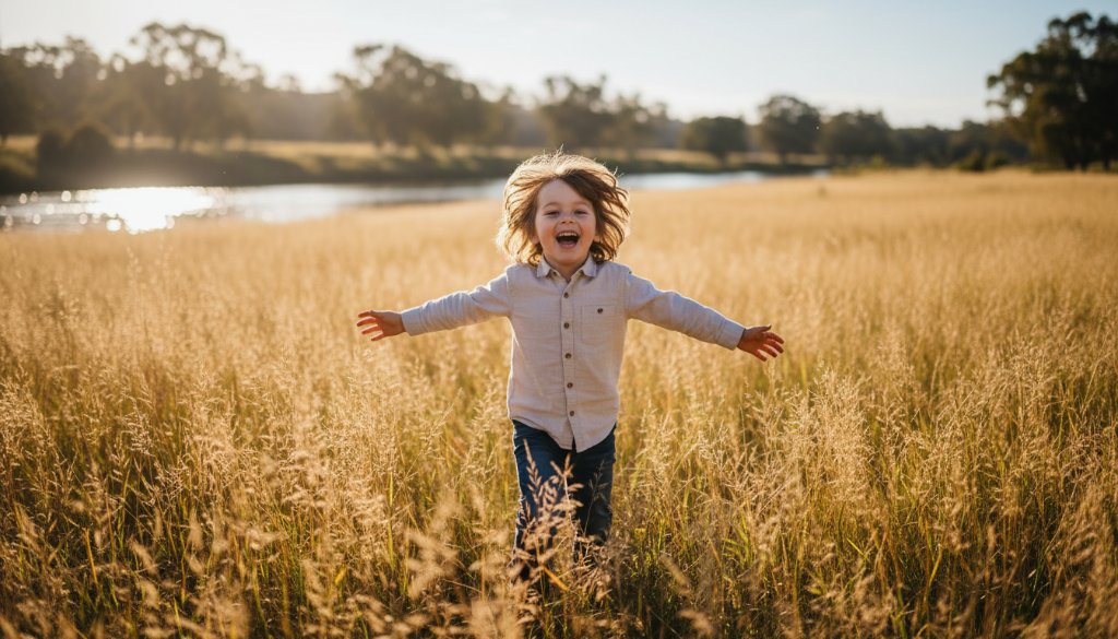 A wide-angle, sun-kissed photograph capturing Drumcondra Victoria kids photography capturing genuine joy, showing a child laughing while running through long grass at dusk near the Barwon River, dynamic and full of life.