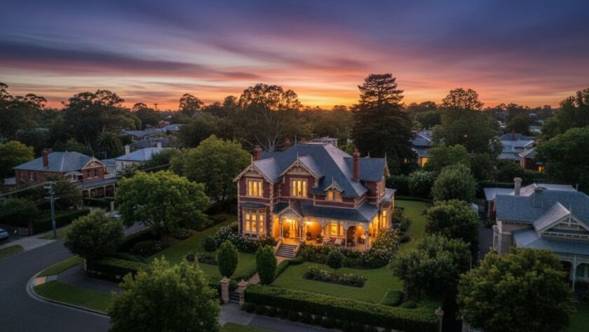 A breathtaking aerial view showcasing a beautifully manicured heritage home in Drumcondra, Victoria, bathed in golden hour light, captured by expert Drumcondra Victoria Professional Real Estate Photography. The photograph highlights the property's grandeur and its proximity to lush, tree-lined streets, creating an inviting and luxurious visual.