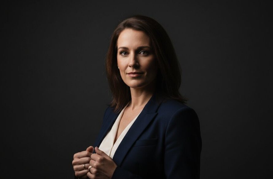 A dramatic, professionally lit studio portrait capturing an 'epic moment' of a confident professional in Drumcondra Victoria studio portrait photography experience, showcasing their dynamic personality against a minimalist dark background, evoking success and ambition.