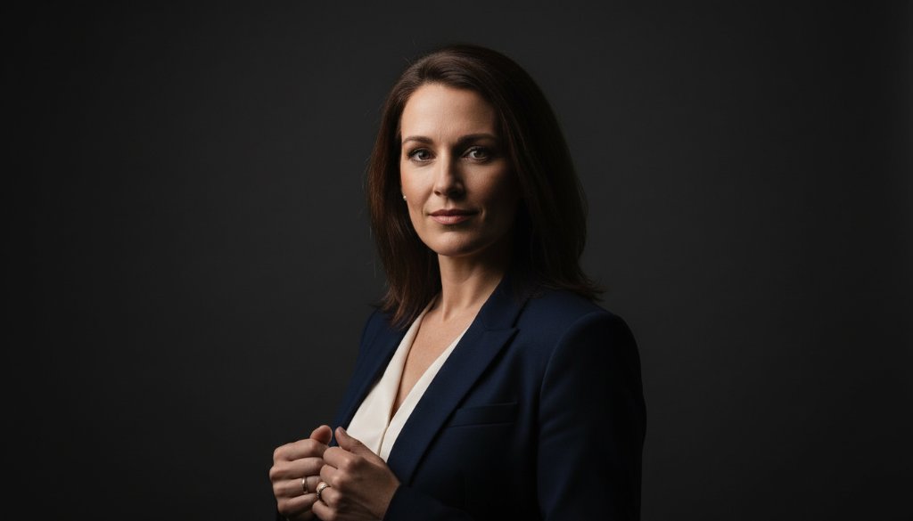 A dramatic, professionally lit studio portrait capturing an 'epic moment' of a confident professional in Drumcondra Victoria studio portrait photography experience, showcasing their dynamic personality against a minimalist dark background, evoking success and ambition.