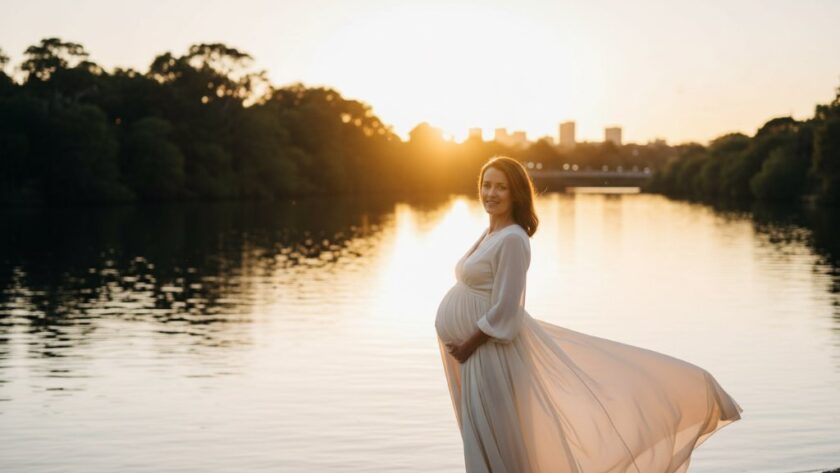 An expectant mother in a flowing gown, silhouetted against a dramatic sunset over the Barwon River in Drumcondra, Victoria, showcasing breathtaking Drumcondra Victoria waterfront maternity photography with professional lighting and warm tones.