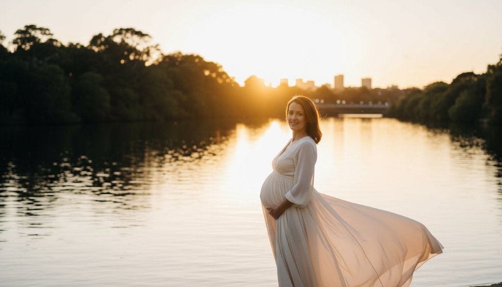 An expectant mother in a flowing gown, silhouetted against a dramatic sunset over the Barwon River in Drumcondra, Victoria, showcasing breathtaking Drumcondra Victoria waterfront maternity photography with professional lighting and warm tones.