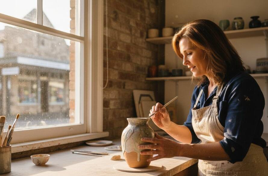 An epic moment captured: dynamic advertising photography Ashburton for local brands featuring a local artisan proudly showcasing their craft product with dramatic backlighting at the Ashburton Village, depicting skill and passion in a cinematic style.