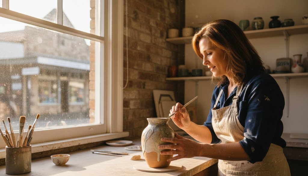 An epic moment captured: dynamic advertising photography Ashburton for local brands featuring a local artisan proudly showcasing their craft product with dramatic backlighting at the Ashburton Village, depicting skill and passion in a cinematic style.