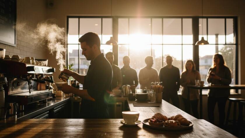 A wide-angle, dynamically lit photograph showcasing a bustling Box Hill South cafe interior at peak hour, customers laughing and interacting, with a barista expertly crafting a coffee, perfectly capturing the vibrant energy for dynamic advertising photography Box Hill South businesses.