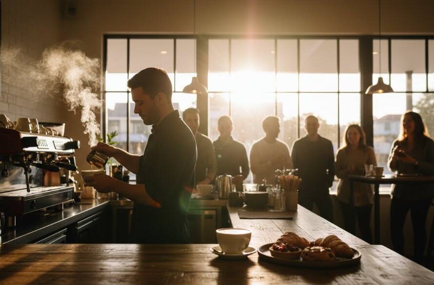 A wide-angle, dynamically lit photograph showcasing a bustling Box Hill South cafe interior at peak hour, customers laughing and interacting, with a barista expertly crafting a coffee, perfectly capturing the vibrant energy for dynamic advertising photography Box Hill South businesses.