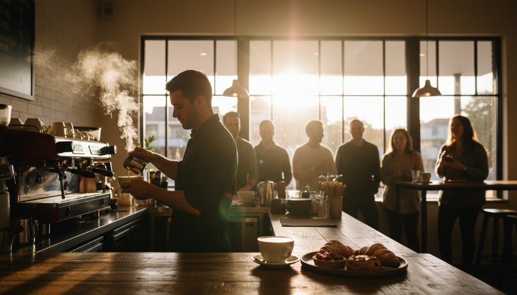 A wide-angle, dynamically lit photograph showcasing a bustling Box Hill South cafe interior at peak hour, customers laughing and interacting, with a barista expertly crafting a coffee, perfectly capturing the vibrant energy for dynamic advertising photography Box Hill South businesses.
