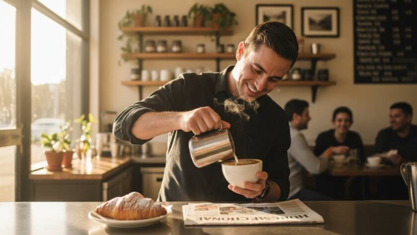 Dynamic advertising photography Hughesdale businesses thrive, captured in an epic moment of a local cafe owner proudly presenting a freshly brewed latte, illuminated by golden hour light, reflecting success and community spirit in Hughesdale.