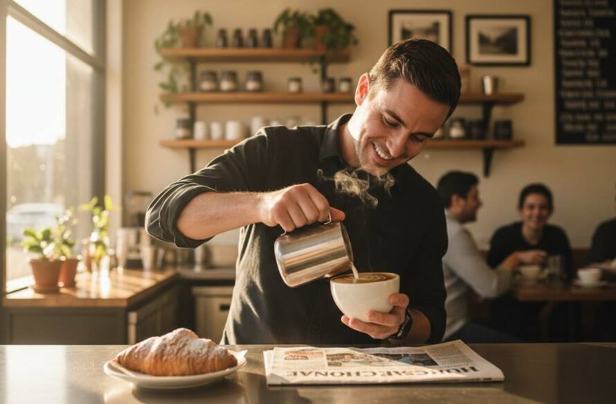 Dynamic advertising photography Hughesdale businesses thrive, captured in an epic moment of a local cafe owner proudly presenting a freshly brewed latte, illuminated by golden hour light, reflecting success and community spirit in Hughesdale.