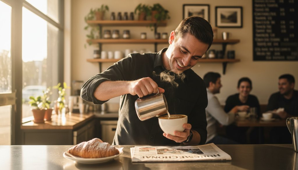 Dynamic advertising photography Hughesdale businesses thrive, captured in an epic moment of a local cafe owner proudly presenting a freshly brewed latte, illuminated by golden hour light, reflecting success and community spirit in Hughesdale.