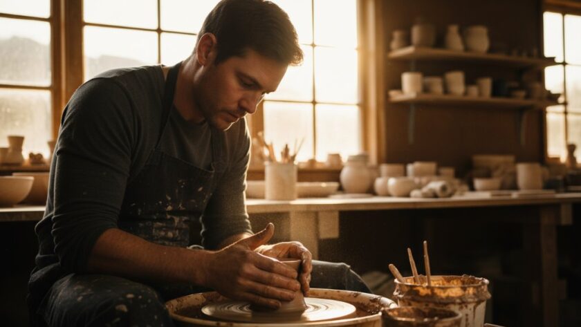 Dynamic advertising photography Huntly Victoria of a local artisan carefully shaping clay on a potter's wheel in a sun-drenched, rustic workshop, golden light streaming through a window, highlighting the fine dust and focused expression, capturing an epic moment of creative passion.