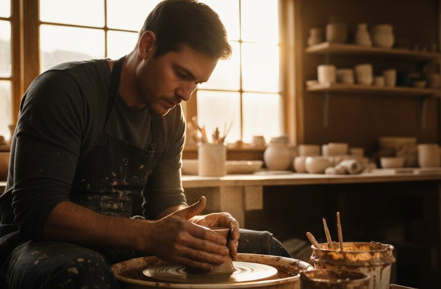 Dynamic advertising photography Huntly Victoria of a local artisan carefully shaping clay on a potter's wheel in a sun-drenched, rustic workshop, golden light streaming through a window, highlighting the fine dust and focused expression, capturing an epic moment of creative passion.