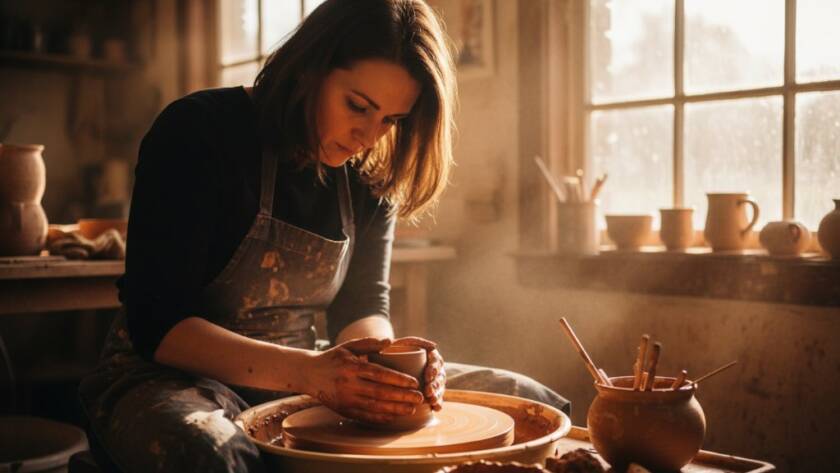 An epic moment captured in dynamic Ashwood Victoria editorial photography, showing a local ceramic artist intensely focused on their craft in a sun-drenched Ashwood studio, showcasing their unique brand story with dramatic lighting and professional colour grading.