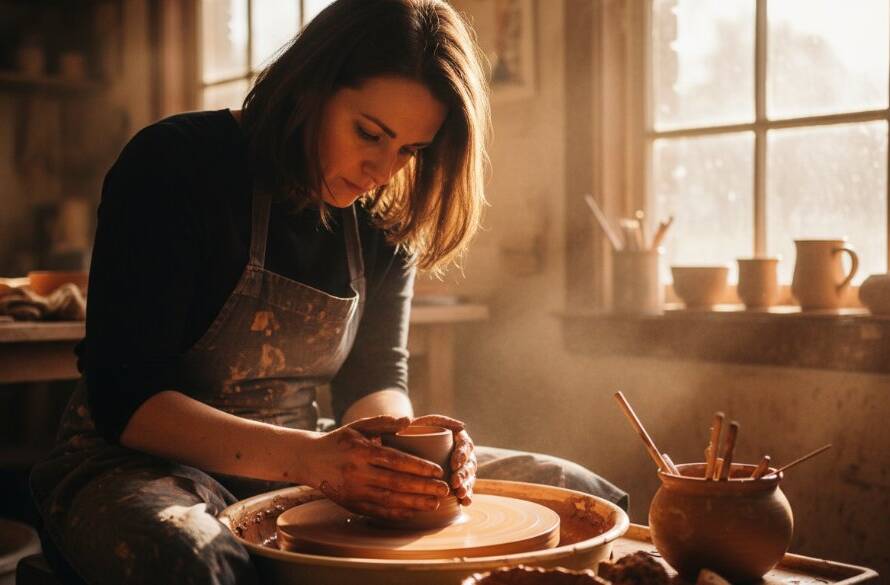 An epic moment captured in dynamic Ashwood Victoria editorial photography, showing a local ceramic artist intensely focused on their craft in a sun-drenched Ashwood studio, showcasing their unique brand story with dramatic lighting and professional colour grading.