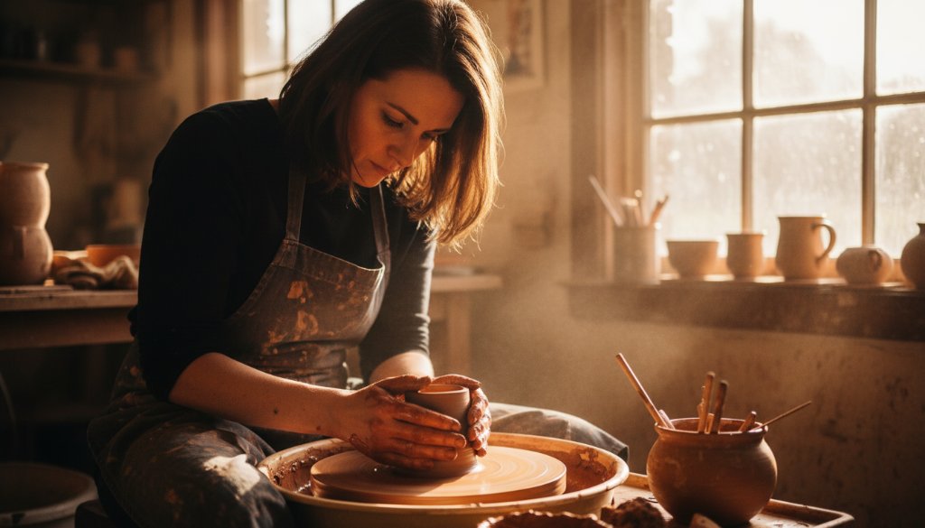 An epic moment captured in dynamic Ashwood Victoria editorial photography, showing a local ceramic artist intensely focused on their craft in a sun-drenched Ashwood studio, showcasing their unique brand story with dramatic lighting and professional colour grading.