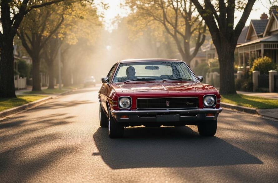 A powerful, low-angle shot of a meticulously restored vintage muscle car accelerating through an Ashburton street at dusk, its chrome gleaming under dramatic golden hour light, expertly captured through Dynamic Automotive Photography Ashburton Victoria.