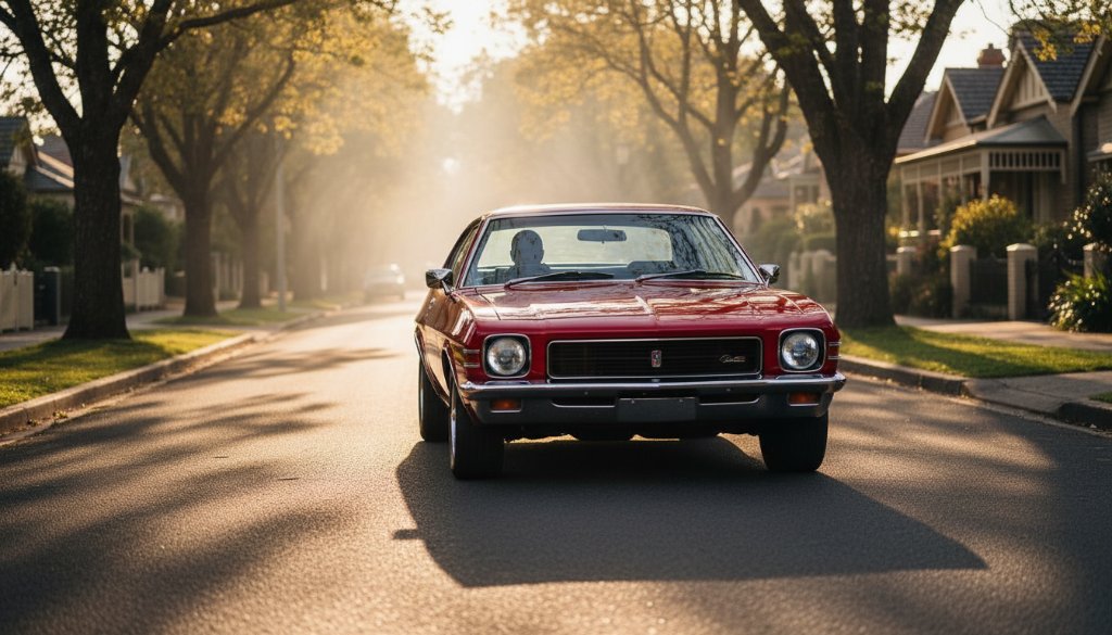 A powerful, low-angle shot of a meticulously restored vintage muscle car accelerating through an Ashburton street at dusk, its chrome gleaming under dramatic golden hour light, expertly captured through Dynamic Automotive Photography Ashburton Victoria.