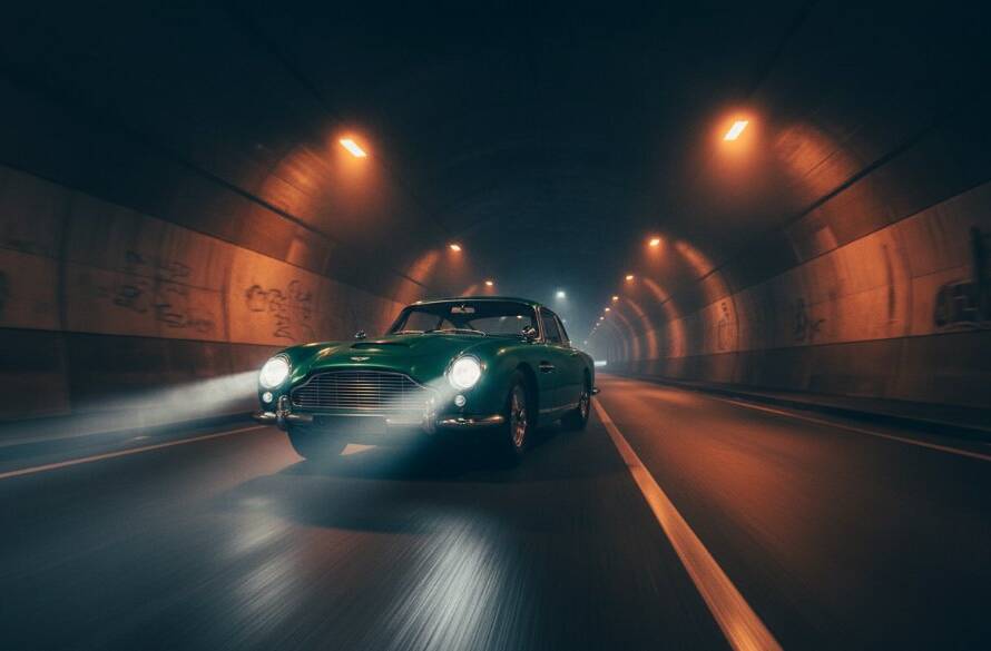 An epic moment of a sleek, dark sports car speeding along a tree-lined street in Box Hill, Victoria, with the city skyline faintly visible in the background at dusk. The dramatic lighting from streetlights and the car's headlights creates streaks of light, highlighting the vehicle's dynamic motion. A professional, color-graded image showcasing dynamic automotive photography Box Hill Victoria.