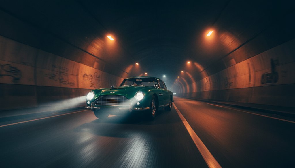 An epic moment of a sleek, dark sports car speeding along a tree-lined street in Box Hill, Victoria, with the city skyline faintly visible in the background at dusk. The dramatic lighting from streetlights and the car's headlights creates streaks of light, highlighting the vehicle's dynamic motion. A professional, color-graded image showcasing dynamic automotive photography Box Hill Victoria.