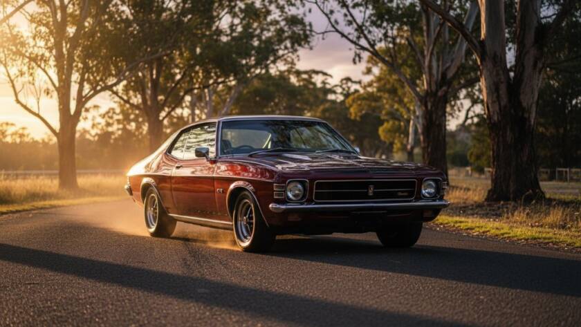 An epic moment of a classic muscle car, gleaming under the golden hour sun on a winding road in Endeavour Hills, showcasing dynamic automotive photography Endeavour Hills with dramatic lighting and professional colour grading.