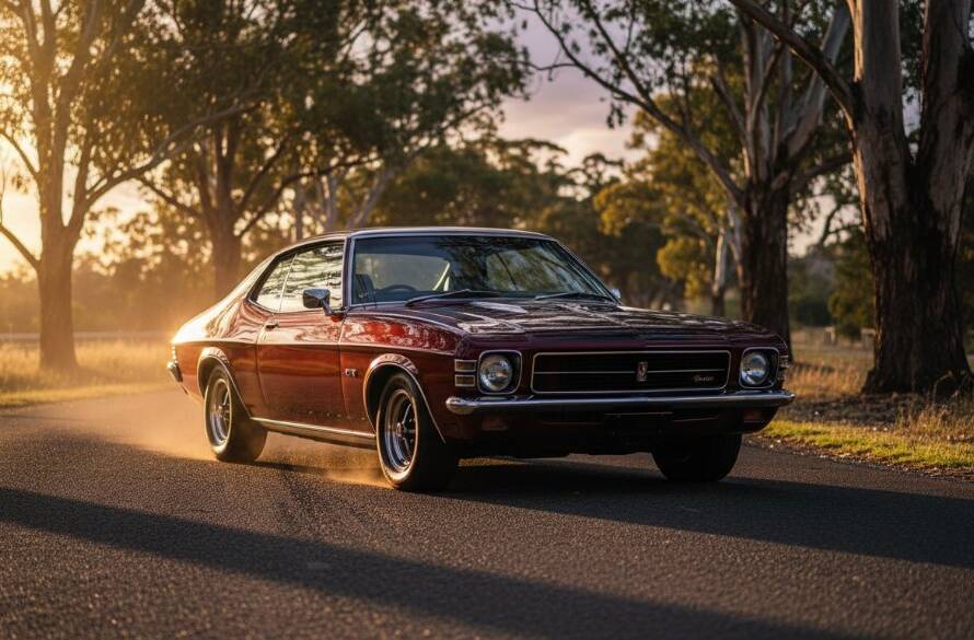 An epic moment of a classic muscle car, gleaming under the golden hour sun on a winding road in Endeavour Hills, showcasing dynamic automotive photography Endeavour Hills with dramatic lighting and professional colour grading.