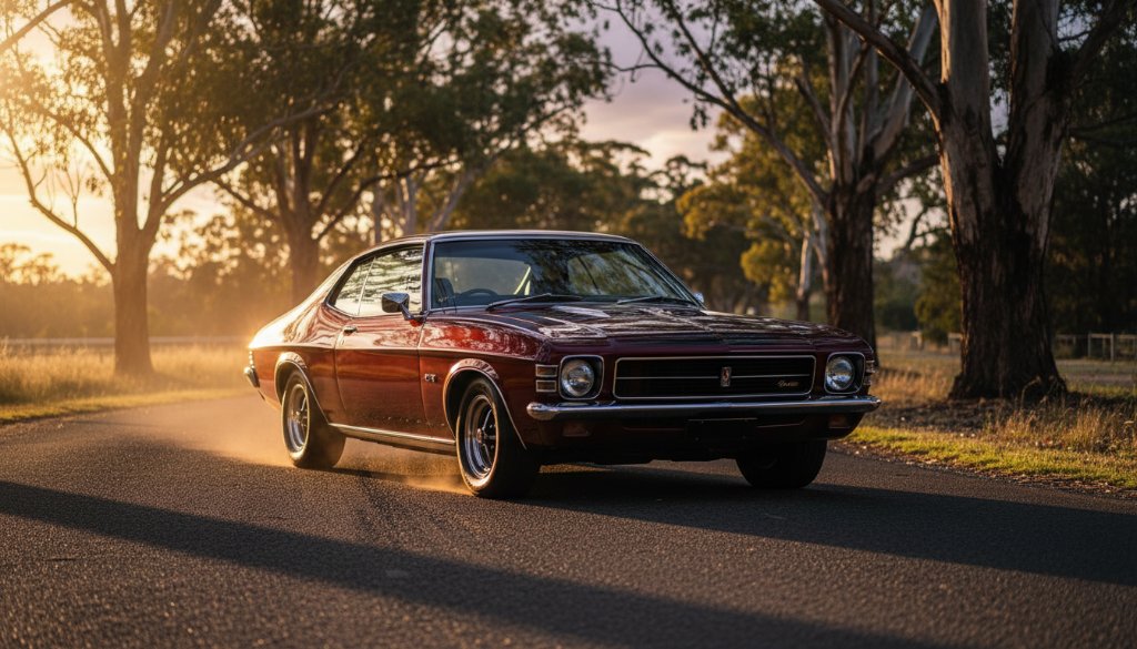 An epic moment of a classic muscle car, gleaming under the golden hour sun on a winding road in Endeavour Hills, showcasing dynamic automotive photography Endeavour Hills with dramatic lighting and professional colour grading.