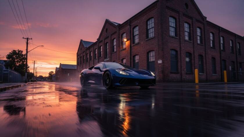 Dramatic, low-angle shot of a sleek, black performance car speeding through a puddle at dusk, reflecting the vibrant sunset hues against a gritty industrial building in Sunshine, Victoria. The image captures the raw power and motion of dynamic automotive photography Sunshine industrial sites, with dramatic lighting and professional colour grading.