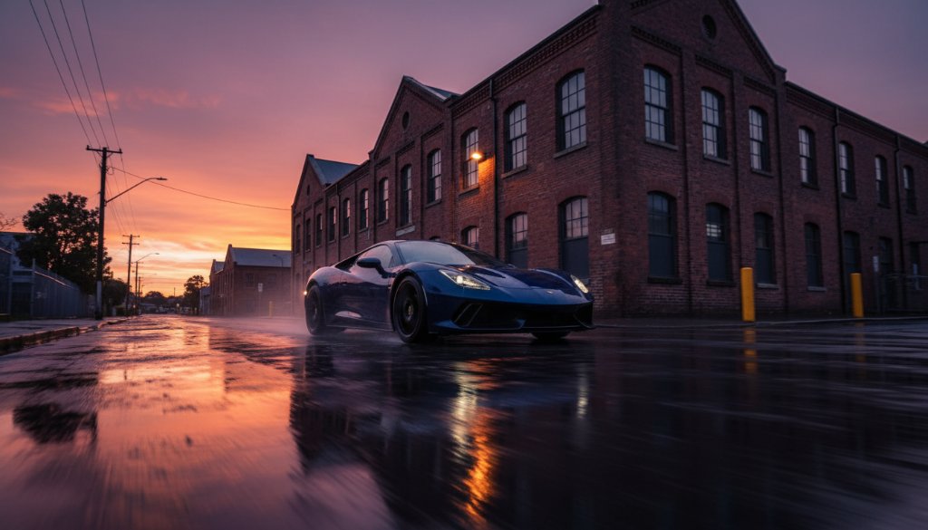 Dramatic, low-angle shot of a sleek, black performance car speeding through a puddle at dusk, reflecting the vibrant sunset hues against a gritty industrial building in Sunshine, Victoria. The image captures the raw power and motion of dynamic automotive photography Sunshine industrial sites, with dramatic lighting and professional colour grading.