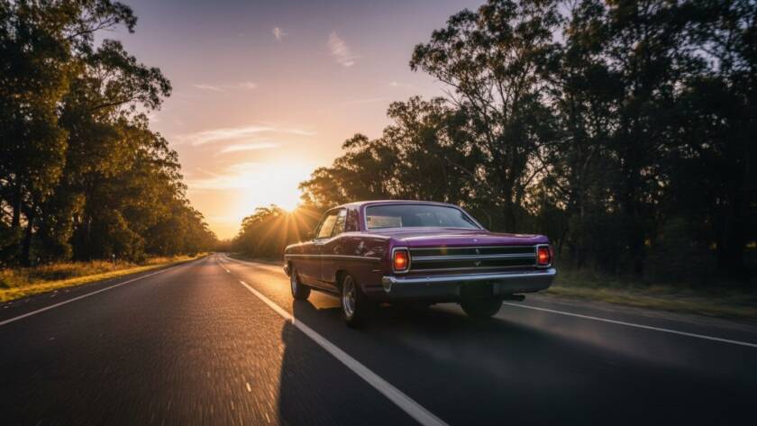 A stunning long exposure shot showcasing the vibrant tail lights of a classic sports car speeding along one of Templestowe's scenic roads at dusk, creating an epic light trail effect, embodying Dynamic Automotive Photography Templestowe's Scenic Roads. The car is in sharp focus, dynamic and powerful.