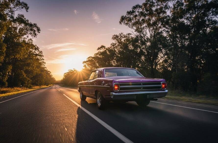 A stunning long exposure shot showcasing the vibrant tail lights of a classic sports car speeding along one of Templestowe's scenic roads at dusk, creating an epic light trail effect, embodying Dynamic Automotive Photography Templestowe's Scenic Roads. The car is in sharp focus, dynamic and powerful.