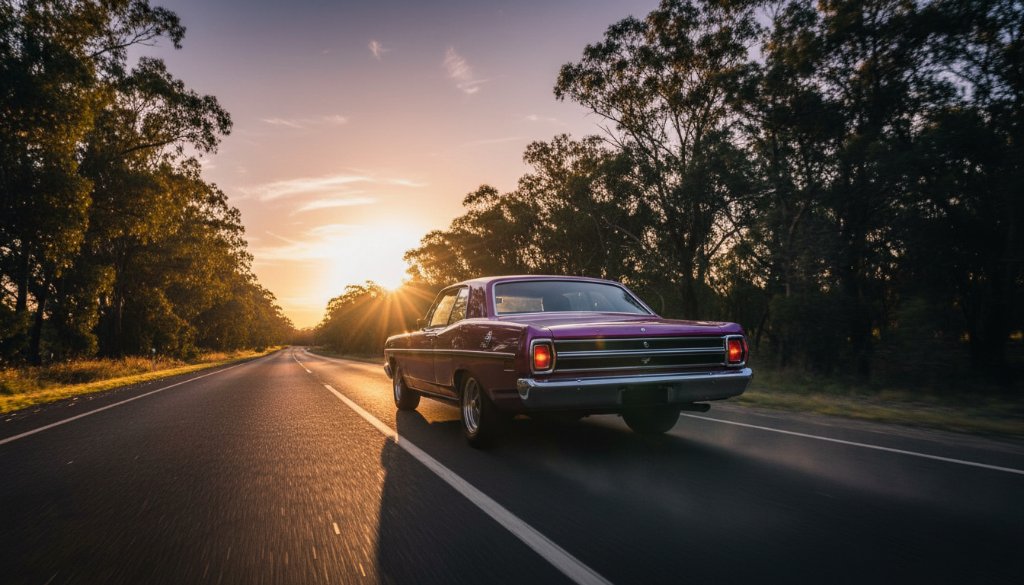 A stunning long exposure shot showcasing the vibrant tail lights of a classic sports car speeding along one of Templestowe's scenic roads at dusk, creating an epic light trail effect, embodying Dynamic Automotive Photography Templestowe's Scenic Roads. The car is in sharp focus, dynamic and powerful.