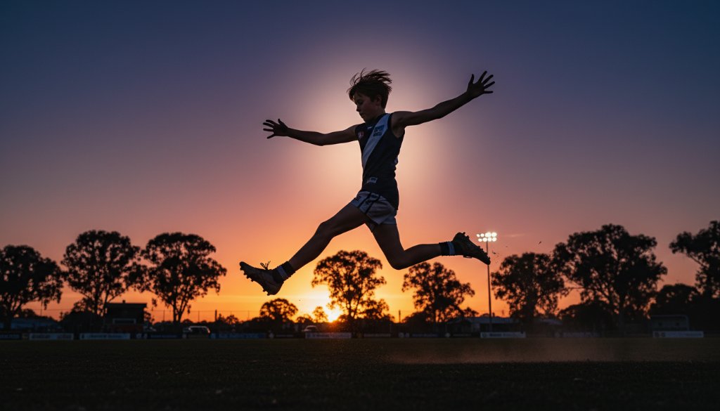 A thrilling moment of dynamic Bacchus Marsh junior sports photography, showing a young Australian Rules Football player in mid-air, kicking for goal under dramatic stadium lights at dusk.