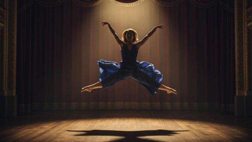 An epic moment of a dancer mid-air, bathed in dramatic stage lighting, performing a powerful leap against a blurred backdrop, embodying the dynamic Bairnsdale dance photography spirit and grace.