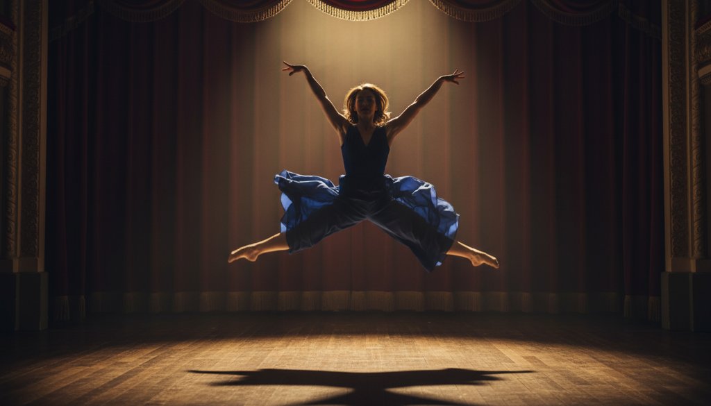 An epic moment of a dancer mid-air, bathed in dramatic stage lighting, performing a powerful leap against a blurred backdrop, embodying the dynamic Bairnsdale dance photography spirit and grace.