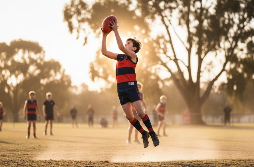 Dynamic Benalla junior sports photography capturing a triumphant young athlete mid-air, scoring a goal on a sun-drenched Benalla oval, intense focus, dramatic lighting, professional composition.