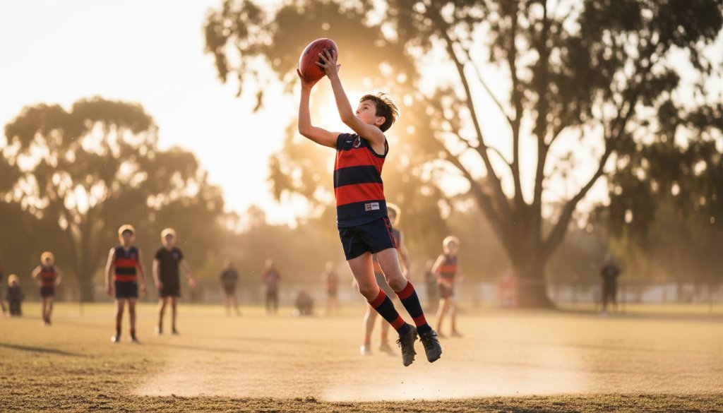 Dynamic Benalla junior sports photography capturing a triumphant young athlete mid-air, scoring a goal on a sun-drenched Benalla oval, intense focus, dramatic lighting, professional composition.