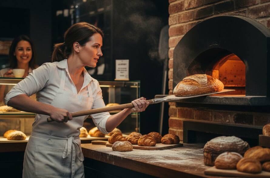An epic moment captured through dynamic Bentleigh East commercial photography, showing a local café owner proudly presenting a freshly brewed latte to a smiling customer in a sun-drenched, modern cafe interior, reflecting vibrant community life.