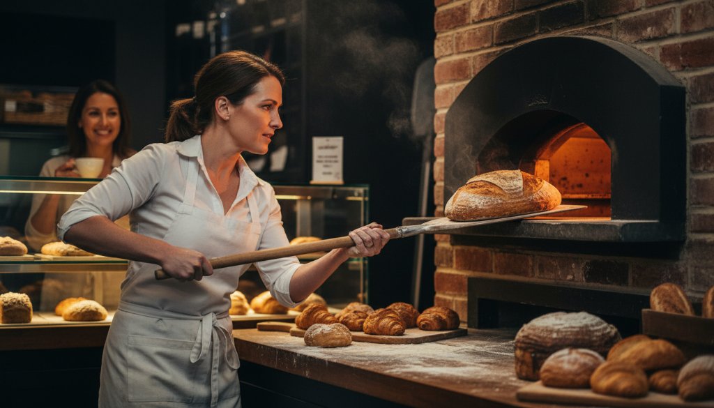An epic moment captured through dynamic Bentleigh East commercial photography, showing a local café owner proudly presenting a freshly brewed latte to a smiling customer in a sun-drenched, modern cafe interior, reflecting vibrant community life.
