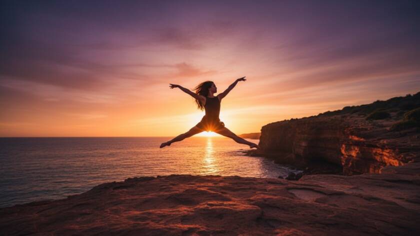 A stunning high-contrast image of a female contemporary dancer in mid-leap against the dramatic Black Rock coastline at sunset, embodying dynamic Black Rock beach dance photography.