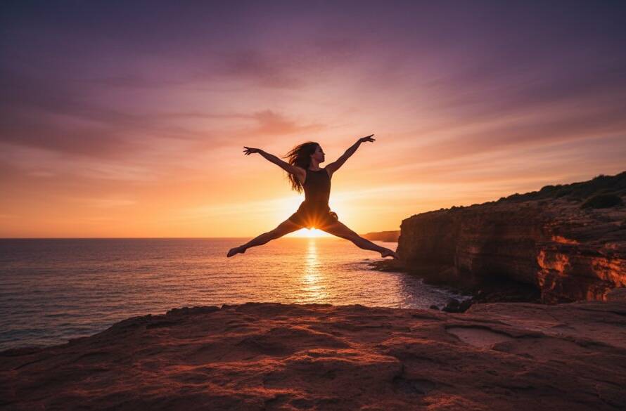 A stunning high-contrast image of a female contemporary dancer in mid-leap against the dramatic Black Rock coastline at sunset, embodying dynamic Black Rock beach dance photography.