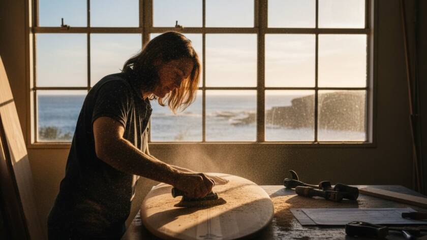 Dynamic Black Rock commercial photography captures an epic moment of a local artisan carefully crafting a bespoke surfboard against the sun-drenched coastal backdrop of Black Rock, Victoria, evoking passion and quality for vibrant local brands.