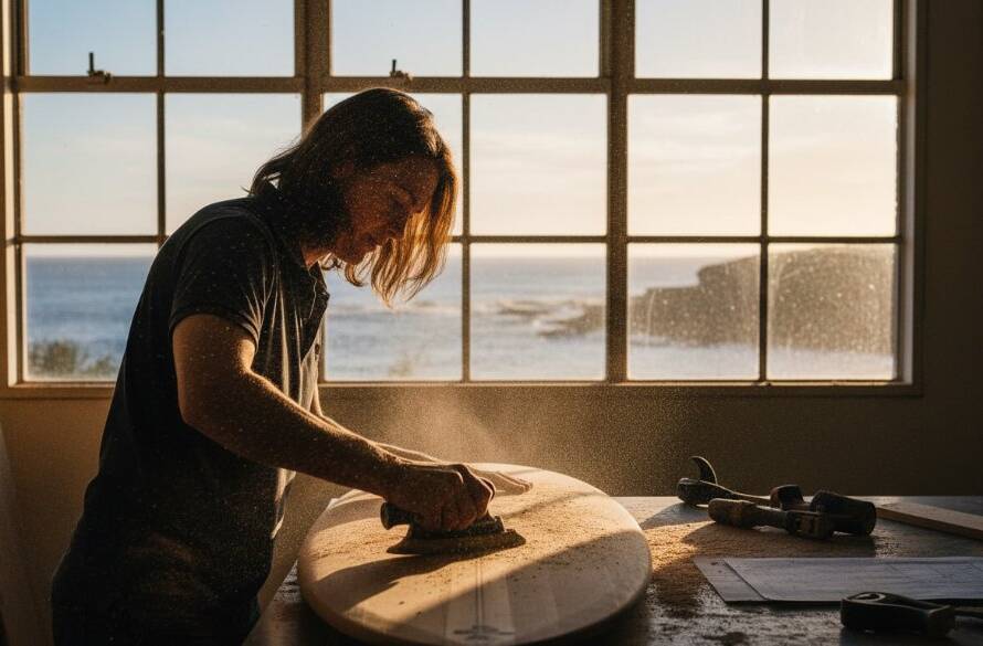 Dynamic Black Rock commercial photography captures an epic moment of a local artisan carefully crafting a bespoke surfboard against the sun-drenched coastal backdrop of Black Rock, Victoria, evoking passion and quality for vibrant local brands.