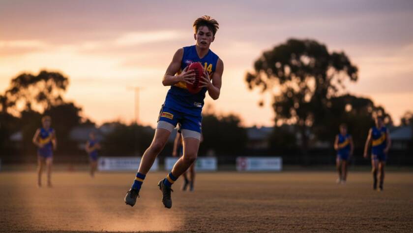 Dynamic Boronia Junior Sports Photography capturing a young athlete scoring a goal with intense focus and dramatic backlighting on a vibrant green oval in Boronia, celebrating an epic moment of achievement.